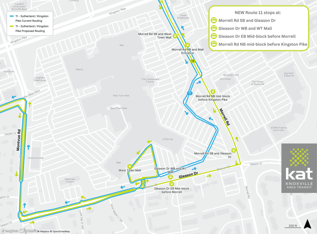 Image shows the previous route in blue and the proposed new route in green on a zoomed map of the specific area that is subject to change. 