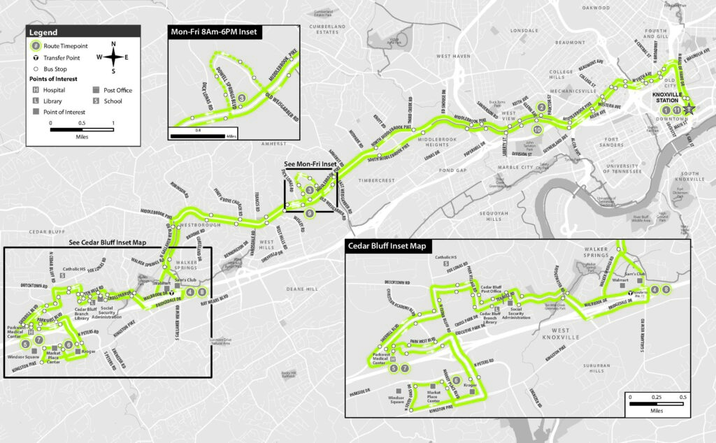 This images shows a photo of the entire Route 16 map. The changes which are only in effect Monday through Friday from 8:00 AM to 6:00 PM are as follows: Outbound from Middlebrook Pike – Right onto Old Weisgarder Road, left onto Dowell Springs Boulevard, and left onto Middlebrook Pike to resume regular route.

Inbound from Middlebrook Pike – Left onto Old Weisgarber Road, left onto Dowell Springs Boulevard, left onto Middlebrook Pike to resume regular route.
