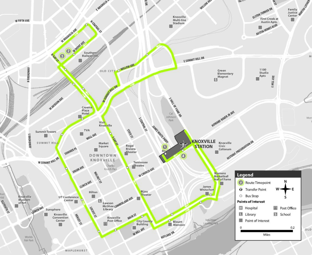 The image shows the mapped routing of Route 1 which now includes Covenant Health Park. The route will be as follows on the outbound from Gay Street – Right onto Summit Hill Drive, left onto Patton Street, continuing straight into Willow Avenue, left onto Central Street, right onto Summit Hill Drive, then right onto Gay Street to resume the regular route.